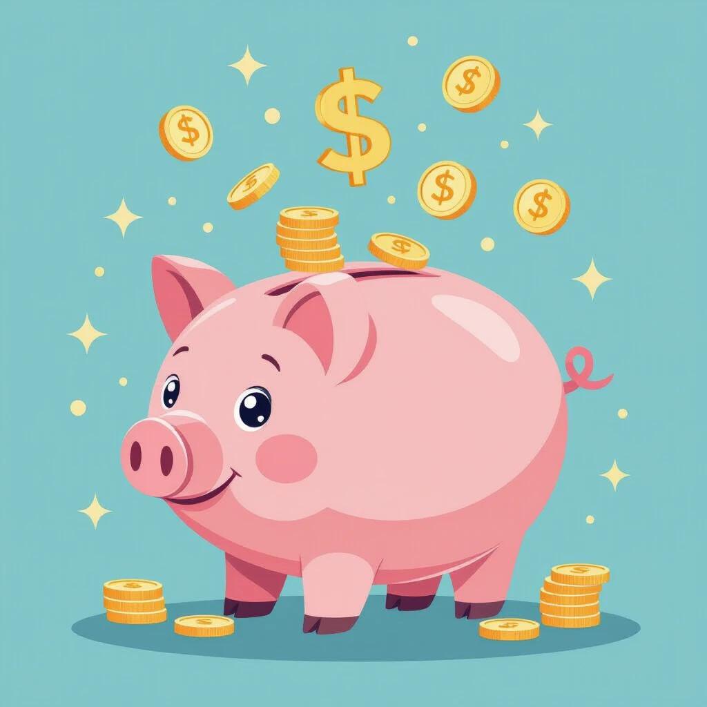 Piggy bank with coins falling into it and dollar sign. Flat cartoon-style vector illustration. Clean geometric shapes with soft rounded edges. Solid white background.