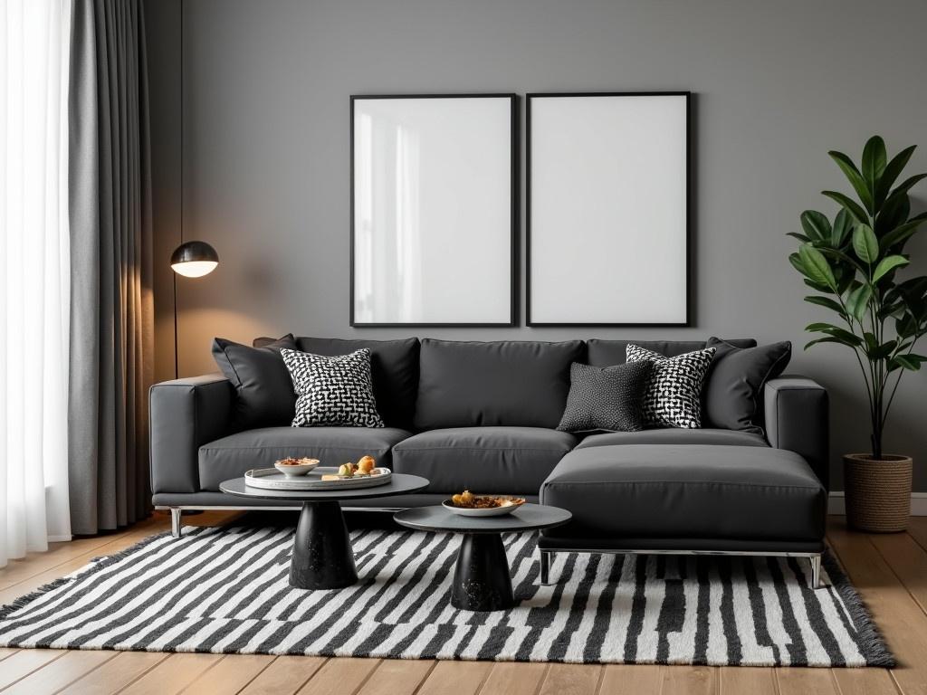 Create a modern living room interior design. The couch should be dark gray and covered with patterned black and white throw pillows. There are two coffee tables, one circular glass top and another with a black marble base. A striped black and white rug covers the wooden floor. Include a plant in the corner for a touch of greenery. Soft lighting should be present to create a cozy atmosphere. The walls are a subtle gray to enhance the contemporary feel.