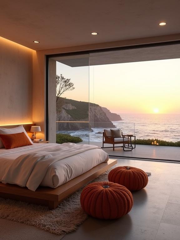 Exquisite modern oceanfront bedroom interior at sunset. Blends luxury and contemporary design. Soft golden light from the sunset. Bed with crisp white bedding and burnt orange pillows. Round burnt orange poufs on a grey rug. Warm ambient lighting throughout. Nightstand with decor. Chair on balcony with candles. Floor-to-ceiling glass walls offer panoramic ocean views.