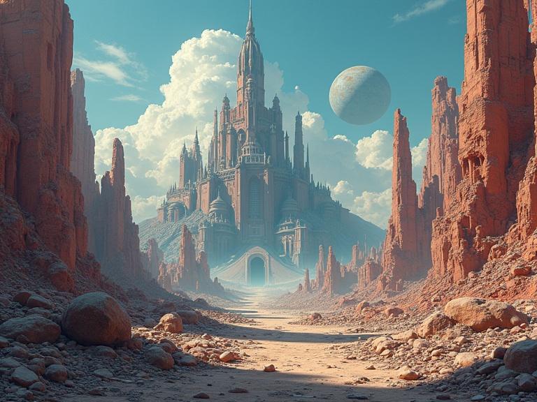 A breathtaking futuristic ruined citadel sits in a wasteland. The landscape features towering rock formations and a massive planet in the sky. The scene is bathed in soft twilight colors. It combines elements of science fiction and fantasy. Moebius style influences are evident throughout.