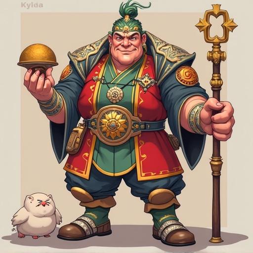 A bold character with a green topknot hairstyle wearing elaborate traditional attire. The character holds a dome-shaped object in one hand and a staff in the other. A small white creature stands beside the character, adding a playful element to the composition. The overall style is anime-inspired with vibrant colors and intricate details.