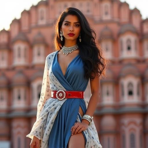 A confident South Asian woman poses in front of Hawa Mahal in Jaipur during golden hour. She wears a fusion saree-gown with a denim-blue bodice and asymmetrical skirt. The gown has a high slit and is paired with knee-high red boots and a red belt. Accessories include silver jewelry and her hair is styled elegantly. The background shows Hawa Mahal's pink facade and intricate architecture, creating a blend of fashion and cultural heritage.