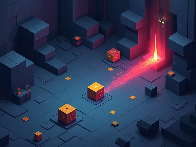 Game design of a retro-style 3D simulation featuring colorful cubes in a dark arena. Top-down perspective on combat scene with simple aesthetics and strategic layout.