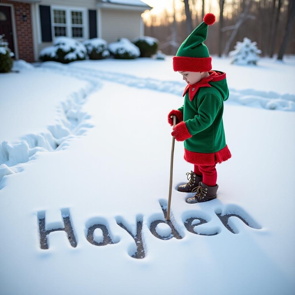 Child dressed as an elf writing the name Hayden in the snow. Elf character in the snow creating a playful scene.