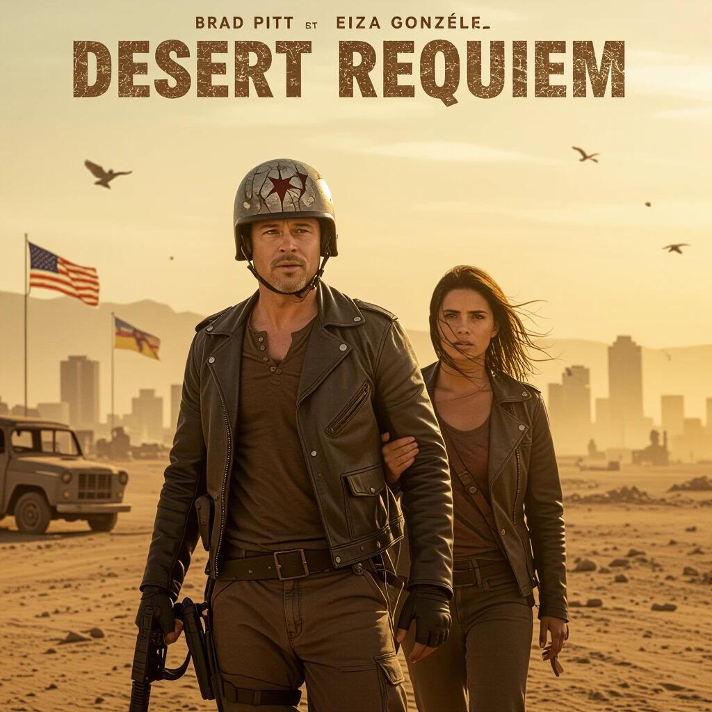 Movie poster for a post-apocalyptic drama titled 'DESERT REQUIEM'. Features Brad Pitt wearing a cracked helmet and Eiza González helping a wounded survivor. Wind-ripped flags and a broken city are visible in the background. The image has warm desaturation and intense horizon details.
