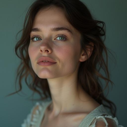 Realistic photo of a woman with dark hair. She wears a clean white top without logos. Her hands are not visible. Focus is on her face, shoulders, and upper chest. She has smooth, glowing skin with subtle makeup, expressive dark eyes, and slightly wavy hair. Soft natural light highlights her features. The background is a soft gray, minimalist and modern, similar to luxury cosmetic ads. Ultra-detailed, cinematic photorealism.