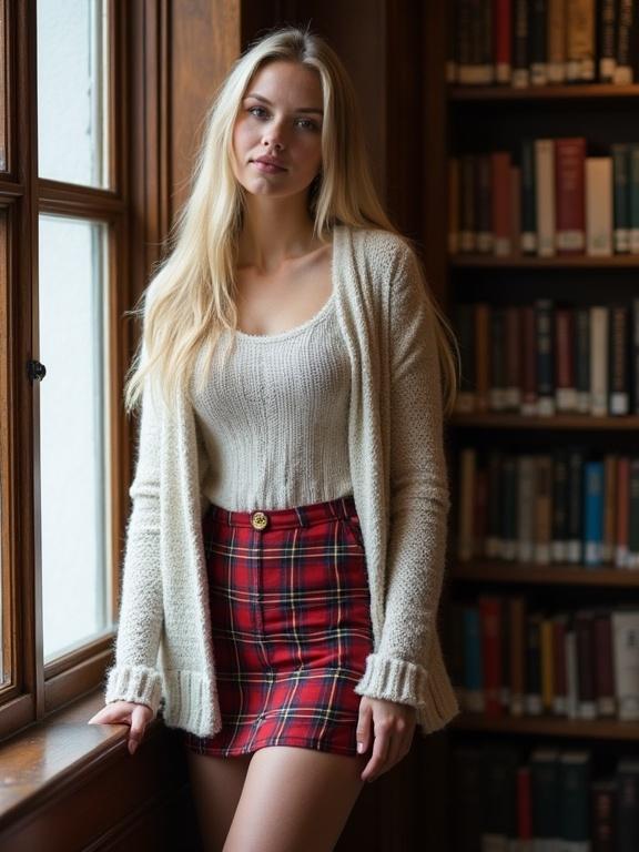 A blonde model stands by a library window wearing a plaid skirt and a cozy cardigan. Long hair falls naturally over her shoulders. She shows a slight blush and confidence in her expression. Prominently featured socks add to her outfit's style. The background has bookshelves filled with books. She looks directly at the observer with full lips and a warm demeanor.