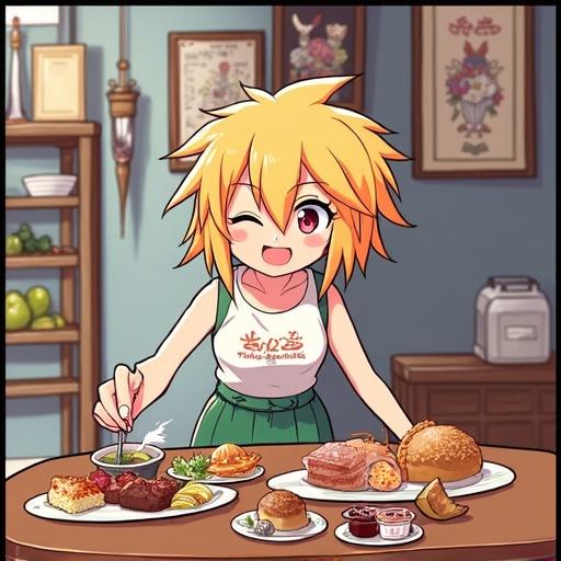 Anime character smiles happily in a kitchen setting. Character has messy blonde hair and wears an apron. The table is filled with various Japanese dishes and treats.