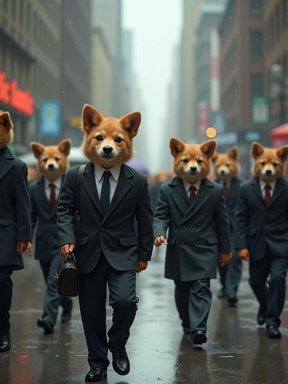 This whimsical image features a group of businesspeople with Shiba Inu dog heads walking down a city street. Each figure is clad in a formal suit and tie, holding a briefcase, creating a surreal, anthropomorphic scene. The cityscape in the background is slightly blurred, emphasizing the focus on the central figures.