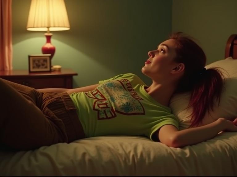 Screenshot from a home movie. Dimly-lit bedroom with warm lighting. Woman lies on bed with a smirk. Dark red pigtails, wearing a tight lime-green T-shirt. Long brown bellbottom trousers. Black socked feet.