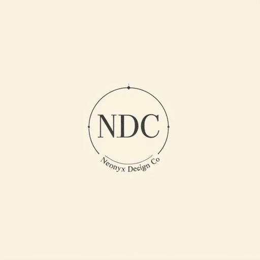 Logo design with initials 'NDC' in elegant serif font. Full name 'Neonyx Design Co' below in uppercase font. Design fills entire canvas with 3% margin clear space. Soft sand background and charcoal gray text. Fits within a circle for social media use.