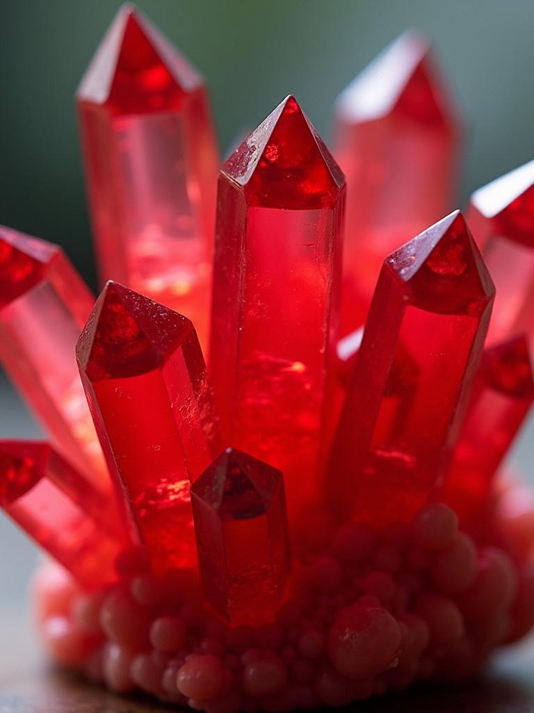 The image features a cluster of vibrant red crystals with pointed ends. Each crystal is translucent, allowing light to create a luminescent effect. The surfaces are glossy, capturing reflections. The background is softly focused, highlighting the crystals' detail and vivid color.