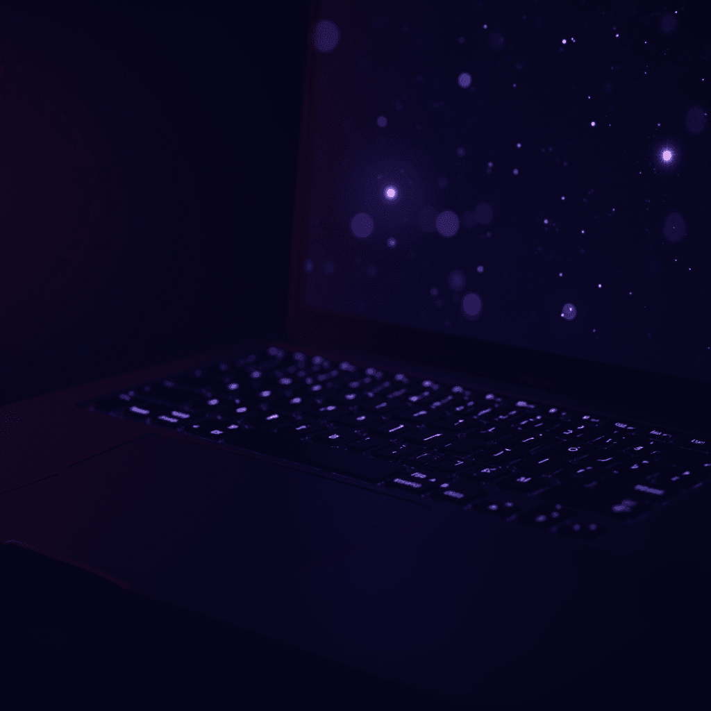 A close-up view of a backlit laptop keyboard in a dark setting with a starry night-themed screen.