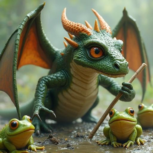 A dragon fights an army of frogs using a straw in a forest. The dragon has orange horns and wings, and green scales. Frogs surround the dragon, depicting a whimsical battle.