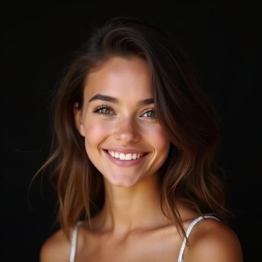 Full body portrait of a smiling young woman. She has an asymmetrical hairstyle with medium-length brown hair on one side. The other side features an undercut. Natural look with minimal makeup. Clear skin with warm tone and subtle dimples. Soft studio lighting highlighting face contours. Dark background slightly blurred to emphasize expression. Direct gaze and genuine smile. High-resolution realistic photography style.