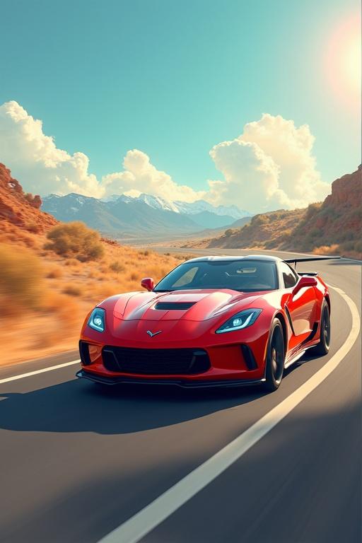 3D image of a red sports car on a winding road with mountains in background. Bright sunny day.
