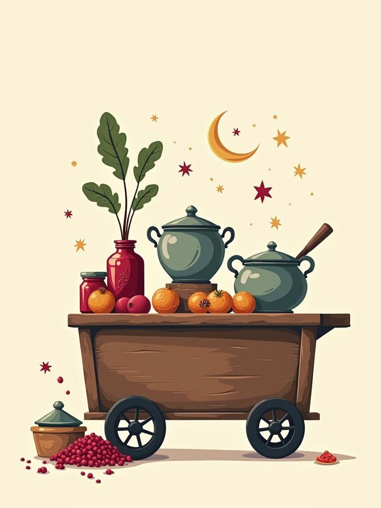 Illustration features a traditional cart filled with culinary items. The cart holds balila pots jars containing sauces and a container with chopped beets. Decoration style reflects the essence of Ramadan with stars and a crescent moon.