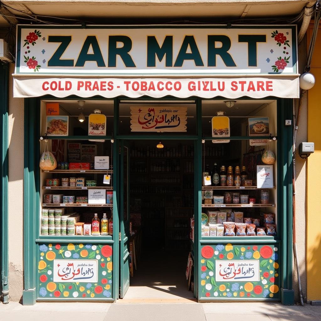 Sign for Zar Mart store. Entrance with two large windows. Displays food items like snacks and drinks. Decorations include floral motifs. Bright colorful signage with the word Zar Mart prominently featured.