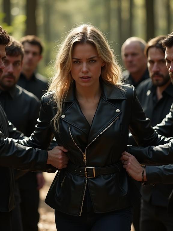 Shot in a sunny forest. Young woman with blond hair wears a black leather belted biker coat. Surrounded by several men holding her tightly at the shoulders and arms. She shows distress through body posture. Men's angry expressions evident. The lighting highlights her expression. Perspective angled slightly to emphasize her struggle. The composition captures a tense environment and sense of confrontation.