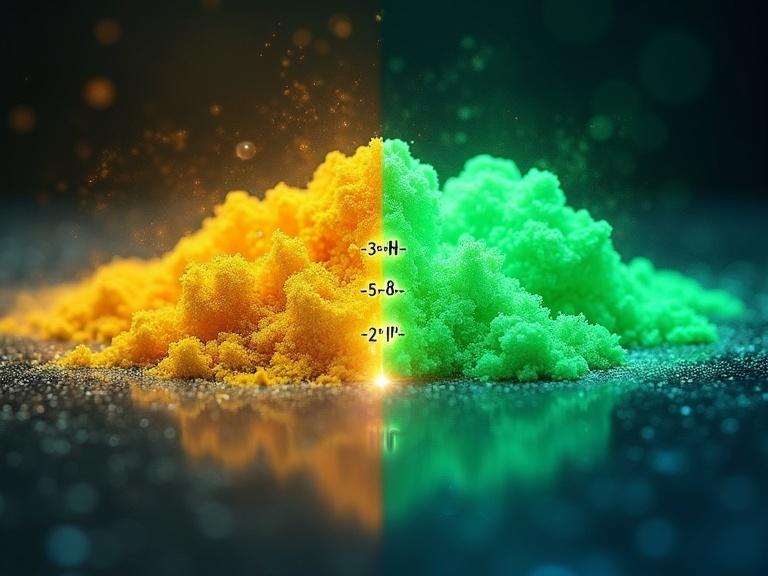 A scientifically inspired cover illustration with two states. Left side shows a yellow powder with a soft texture. Right side features a sharp green crystalline structure. Horizontal temperature scale at 80°C shows crystallization transition. Colorful fluorescence highlights the switchable emission. Background is split with soft cloudy texture on the left and sharp geometric patterns on the right. Clean and vibrant layout suitable for a chemistry journal cover.