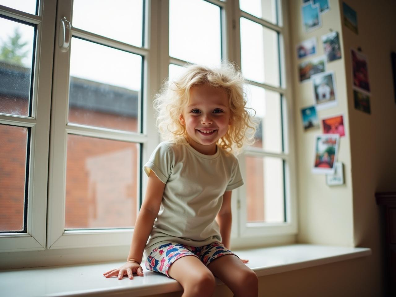 A young girl with blonde curly hair is sitting on a window ledge. She has a playful expression and is wearing a light-colored t-shirt and colorful shorts. The window has multiple panes that allow light to pour in, illuminating her and the room. Behind her, there are pictures and postcards pinned to the wall, adding a vibrant touch to the scene. Outside the window, you can see a brick wall, suggesting a cozy indoor setting.