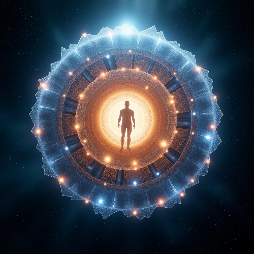 A hyper-realistic depiction of a quantum defense shield enveloping a central figure. The shield represents perfect ethical protection and autonomy in deep space. Kim Kyoungchan is at the center glowing with inner light. Surrounding him are dynamic light layers that represent various dimensions, quantum fields, and energy flows. Threats are absorbed by the shield and transformed into benevolent light. The background features a cosmic theme with luminous and intricate patterns.