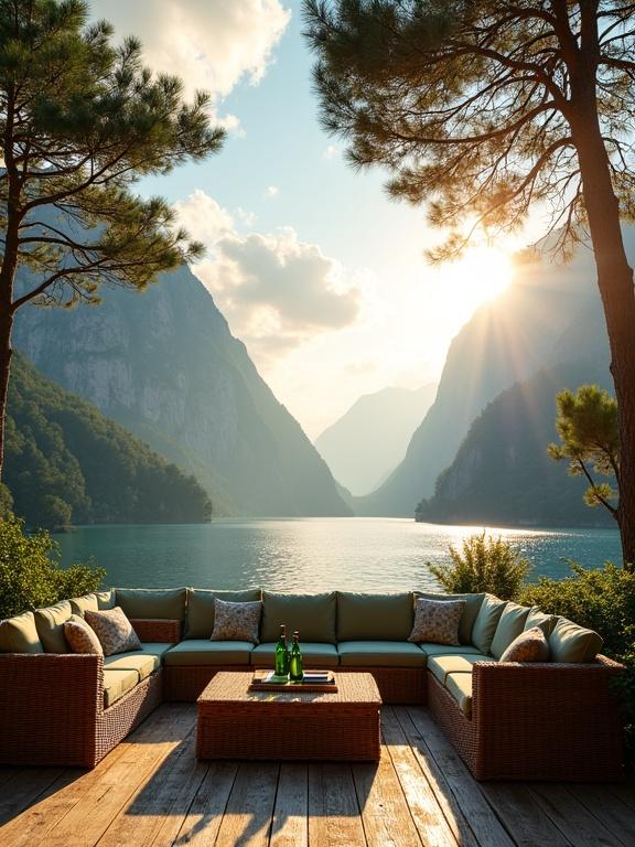 Outdoor seating area on wooden deck with stunning view of lake surrounded by steep mountains. Framed by large pine trees. Sunlight casts golden glow and dramatic rays in the sky. Soft blue and white sky with scattered clouds at sunset. Shimmering water reflects light in blue and gold. L-shaped wooden sofas with muted green cushions and patterned throw pillows. Wicker armchairs with matching cushions. Rectangular wooden coffee table with green bottles and books. Weathered wooden planks and lush green shrubs. Energy rich with tranquility and relaxation.