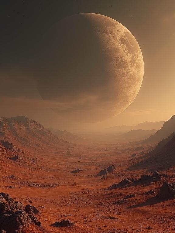 Desolate barren world devoid of life and vegetation. Vast sky and a horizon that meets the eye. Hauntingly beautiful eerie landscape. Breathtaking stunning unsettling emptiness. Occasional rocky outcropping and outline of a distant mountain range. World with deep silence and absence of life.