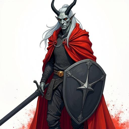 Detailed colored sketch portrays a male tiefling with ash-gray skin and amber eyes. He stands imposing with long silver hair tied high. Curved black horns appear like a dark crown. Scars cross his sharp cheekbones. Wears chainmail, a red cloak, and carries a longsword and shield. Non-photorealistic artwork in comic-book style with bold outlines.