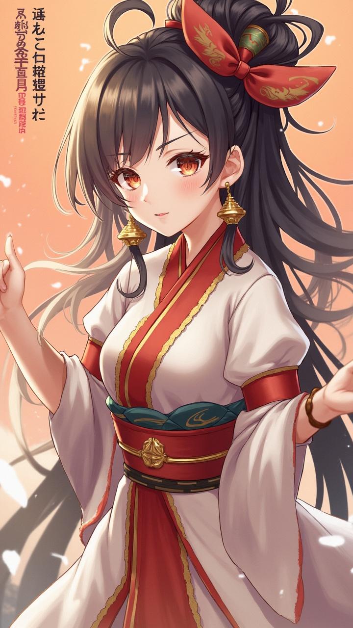 This anime-style illustration features a young woman in traditional Asian attire, adorned with a red and gold sash and matching hair accessories. Her long, dark hair cascades down gracefully, and she wears ornate gold earrings. The background blends softly with warm hues, enhancing the tranquil and elegant atmosphere of the scene.