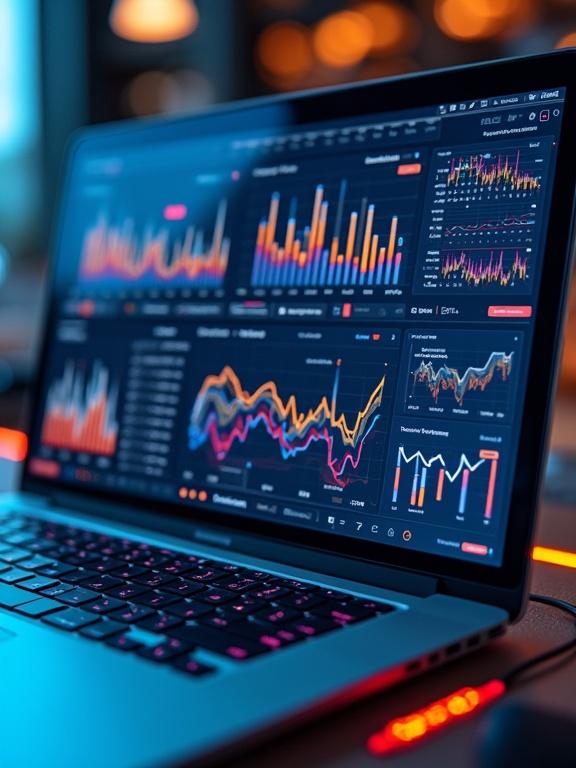 A sleek dashboard with vibrant charts and graphs on a futuristic screen. The screen displays various data streams and is surrounded by glowing digital elements. Emphasis on a modern technological aesthetic.