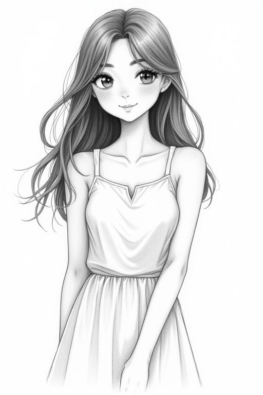 Pencil sketch of a fictional beautiful young woman. She has a gentle smile and soft expressive eyes. Long hair with flowing texture. Wearing a simple casual dress. Finely detailed line art in monochrome with black and white shading. Full face view, artistic hand-drawn style, smooth pencil strokes. No resemblance to any real person. White background, sketchbook style.
