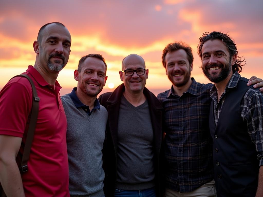 The image features a group of five adult men posing together, with varied expressions. The man on the left has a shaved head and is wearing a red polo shirt with a brown bag slung over his shoulder. The second man has short hair and is wearing a gray sweater. The third man, who stands behind the second, wears glasses and a dark coat. The fourth man is smiling, dressed in a dark plaid shirt. The last man, on the right, has longer hair and a beard, wearing a black vest over a dark shirt. The background showcases a vibrant sunset with orange and purple hues, creating a warm atmosphere.