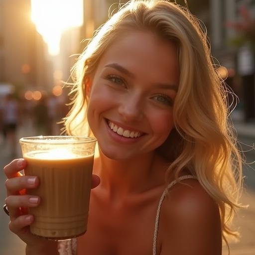 Elegant young woman at NYC farmer’s market during sunset. She has medium-length blonde hair and an athletic build. Wearing a stylish cut-out dress. Holding a gourmet latte. Close-up shot of her serene smile and brown eyes. Background shows golden hour light. Exudes luxury and charm.