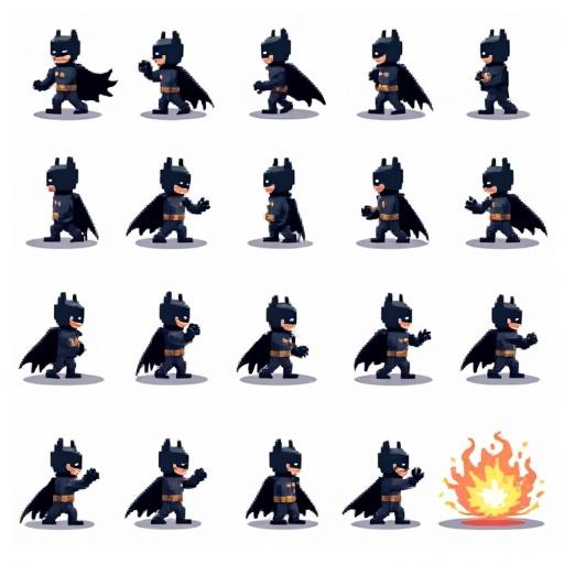 Sprite sheet shows pixel art character with different actions from top down view. Character is Batman. Actions include idle walking and attacking. Each action has consistent frames arranged uniformly. Transparent background. Pixel size is 64x64.