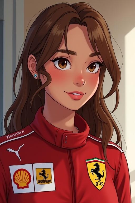 Animation of a girl with brown eyes and long hair wearing a Ferrari Formula 1 uniform. The girl is smiling and lively. She showcases the spirit of racing.