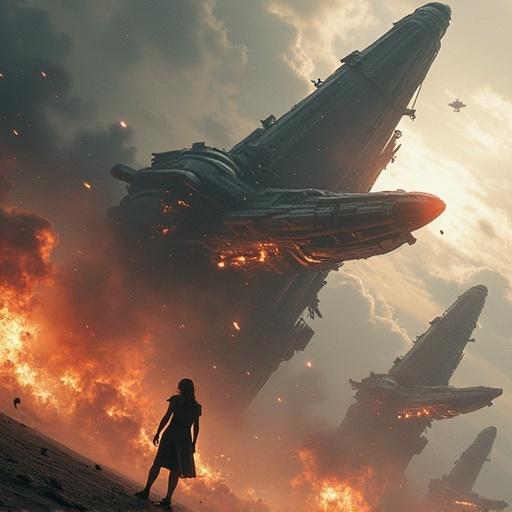 Women engage in futuristic combat amidst large spaceships and explosions. Dynamic action scene with a strong sense of conflict and environment. Emphasis on the strength and determination of female fighters.