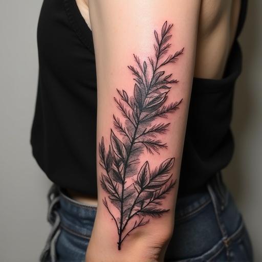 Tattoo on forearm depicting a detailed leafy branch design. The branch features intricate details and shading, showcasing realism in body art.