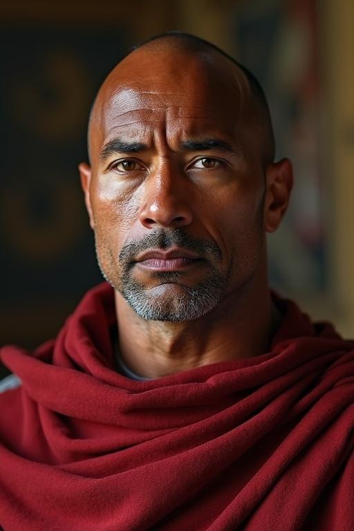 An image of a male figure dressed in a red robe. The figure is positioned against a soft-focus background. The clothing resembles attire from ancient Rome.