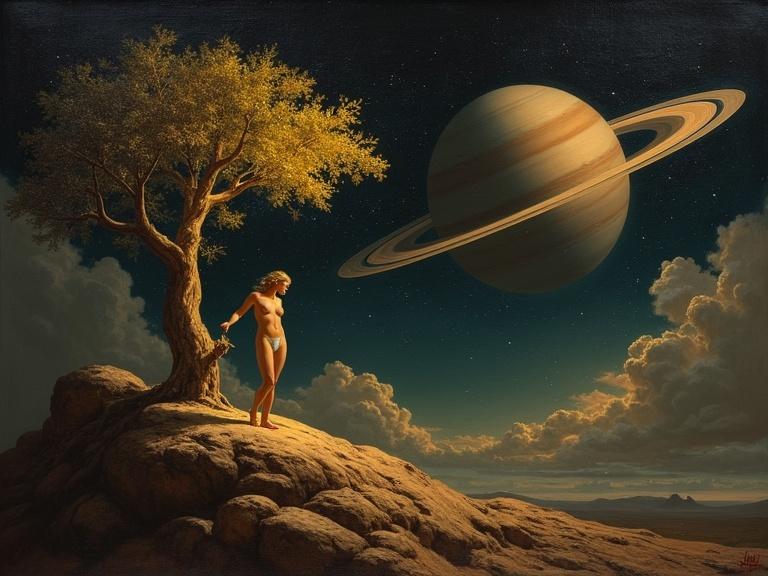 Oil painting in 17th-century style depicting a naked woman on a small asteroid planting a glowing tree. Background features Saturn with rings in deep space. Dramatic chiaroscuro lighting and classical balance. Rich textures and aged tones.