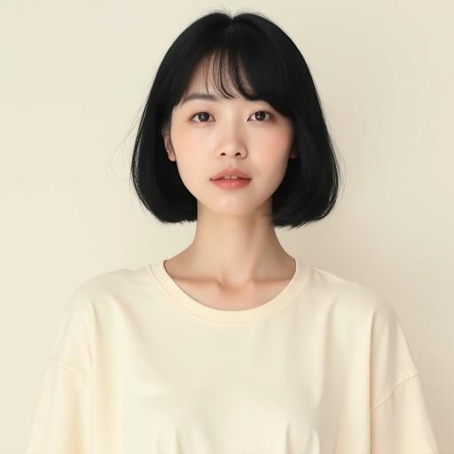 High resolution portrait of an Asian woman with short hair in a chic layered bob. She wears a plain cream-colored t-shirt. The image shows her head and just below the chest with a neutral expression. Features a clean background and soft lighting.