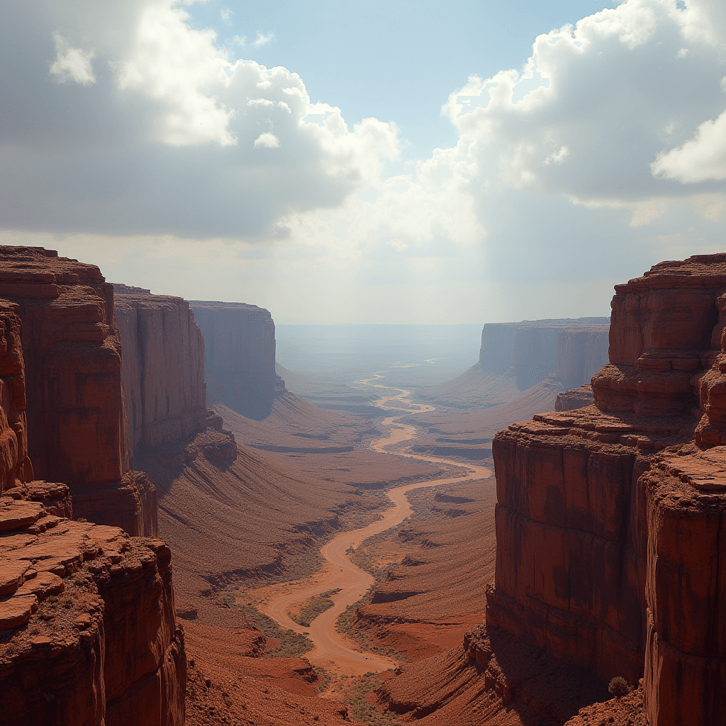 A winding river cuts through a red rock canyon under a sky with scattered clouds.