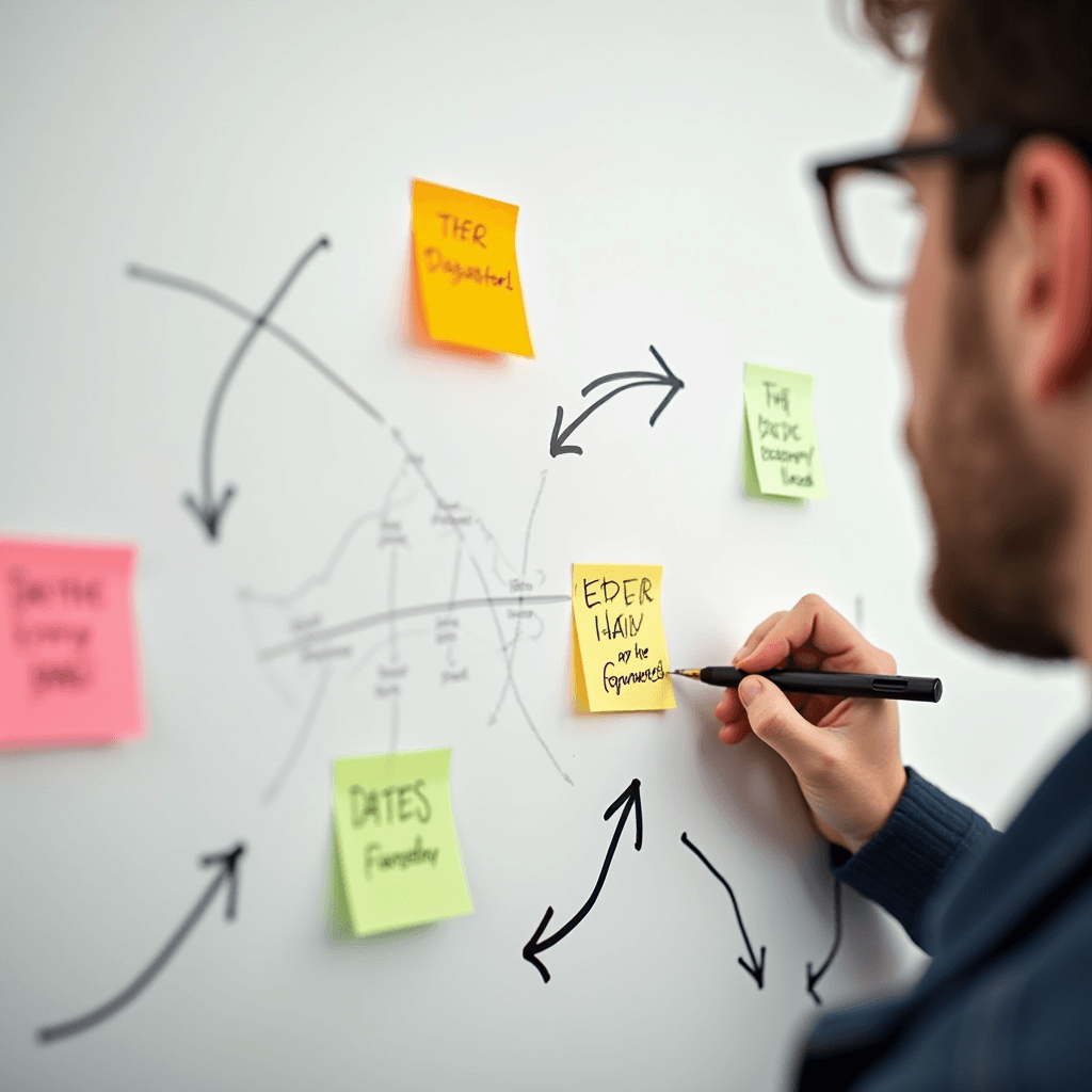 A person writes on a whiteboard with colorful sticky notes and arrows, creating a flowchart or diagram.