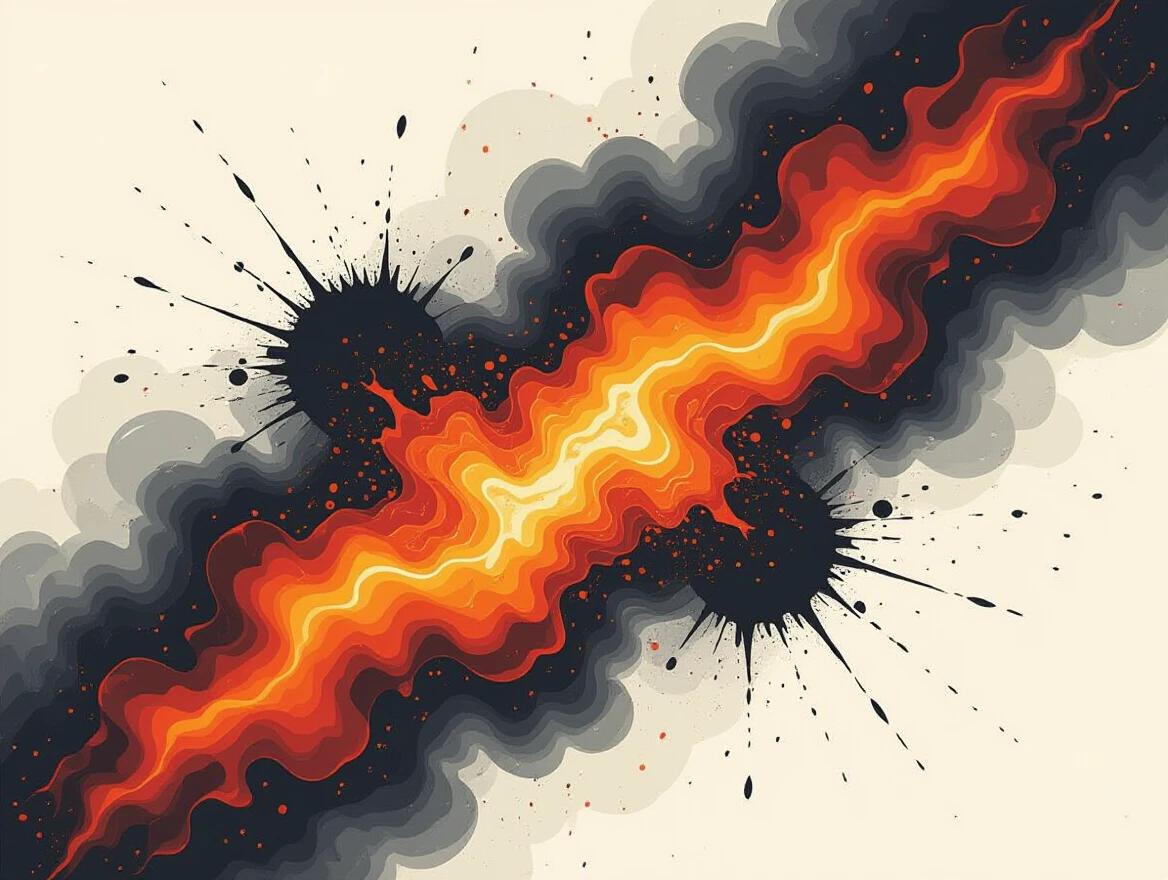 Art illustration depicting abstract patterns representing wildfire effects. Aggressive ink splatters create dynamic visuals. Flowing drips suggest energy of flames. Traditional medium showcases ecological commentary. Urgent messaging on environmental issues through art.