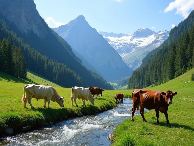 Scenic alpine valley features cows grazing by a stream. Cows have coats that vary from cream to brown. Lush green grass surrounds them. Towering snow-capped mountains and clear blue sky frame the scene. Dense evergreen forests cascade down mountain slopes. Camera pans across tranquil landscape capturing serene water flow through the valley.