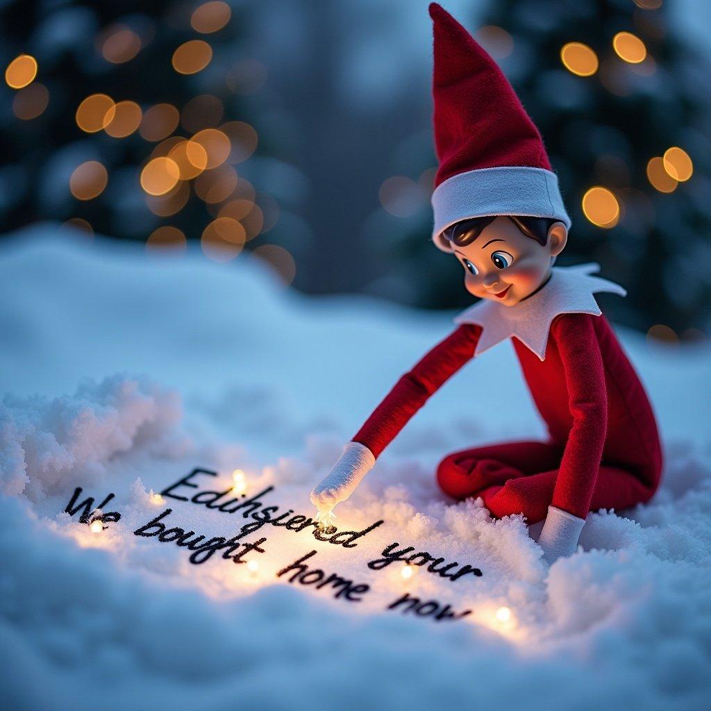 Snowy landscape with an Elf on the Shelf writing in the snow. The elf wears a cheerful red outfit and pointed hat. Magical lights illuminate the elegant cursive words written. Background has twinkling lights that resemble a festive Christmas tree. Scene evokes a joyful holiday spirit.