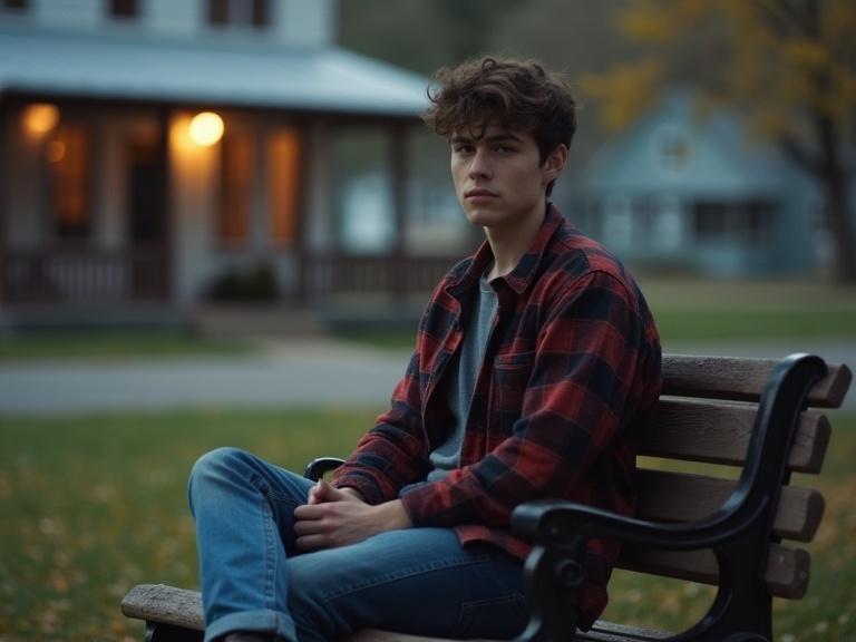 Young man wearing flannel shirt and jeans. Sitting alone on park bench. Looking thoughtful and lost. Blurred background of small town. Moody lighting and cinematic 90s atmosphere. Photorealistic style.
