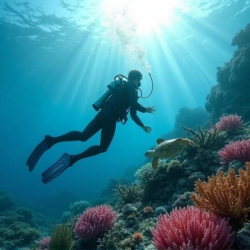 A scuba diver explores a vibrant coral reef while interacting with a sea turtle. The underwater scene features soft light rays and colorful coral formations. The image captures a wide perspective of the ocean's vastness. Particles in the water enhance the visual depth and richness.