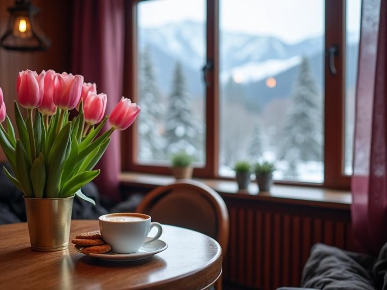 A cozy coffee shop interior with dark maroon wooden decor. View of a winter landscape through a big glass window. Snow-capped mountains visible in the background. Table features pink tulips, a steaming cup of coffee, and cookies. The atmosphere is inviting and warm with soft lighting.
