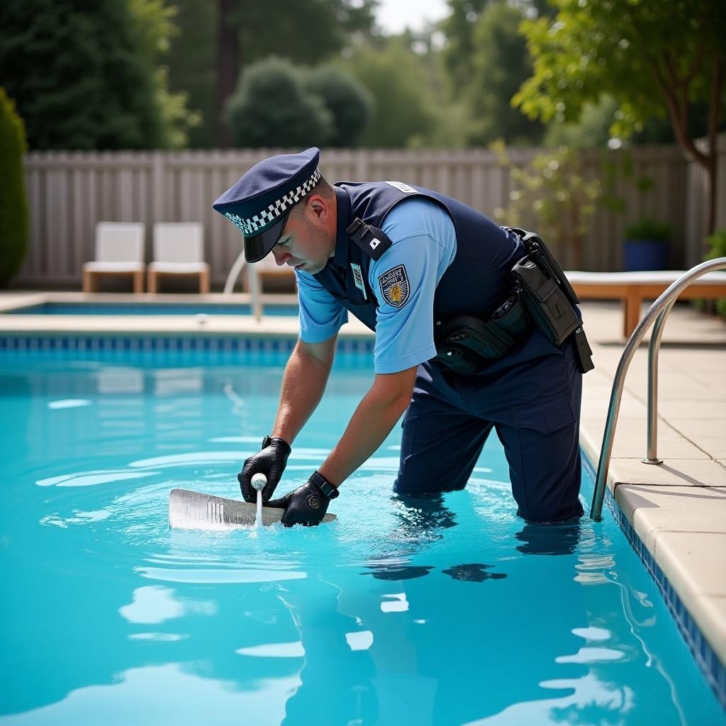 Policeman cleaning swimming pool. Officer wears uniform and uses a skimmer. Bright daylight in a residential area with a pool setting.